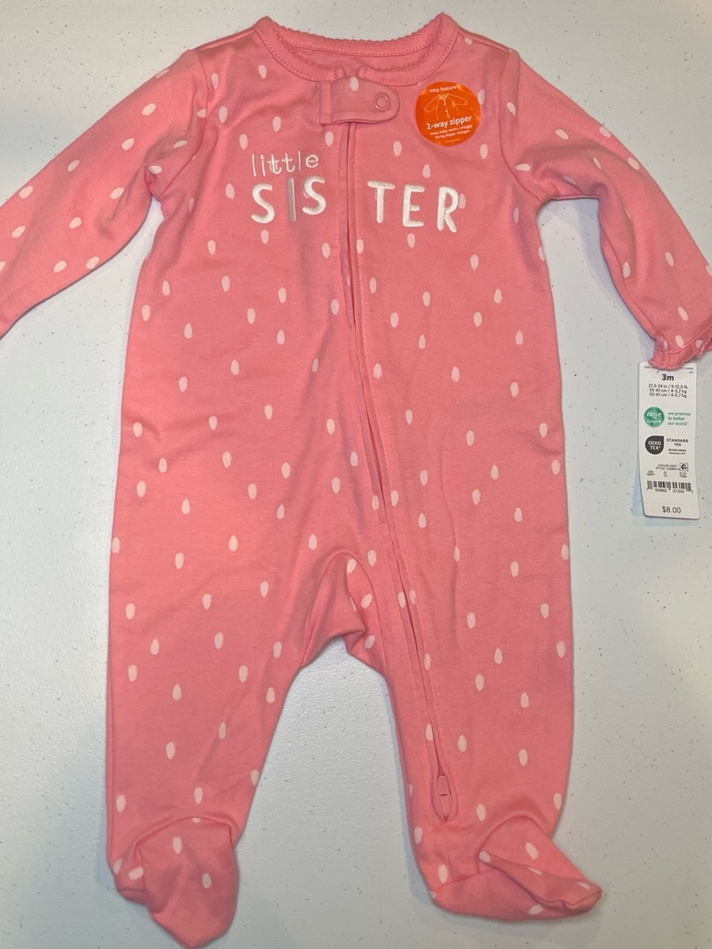 Carter's Pink Polka Dot "Little Sister" Footed One-Piece